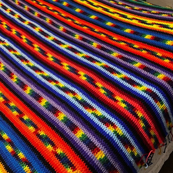 VTG Handmade Crochet Rainbow Striped Blanket Vibrant Multicolor 70x100in - Picture 9 of 16